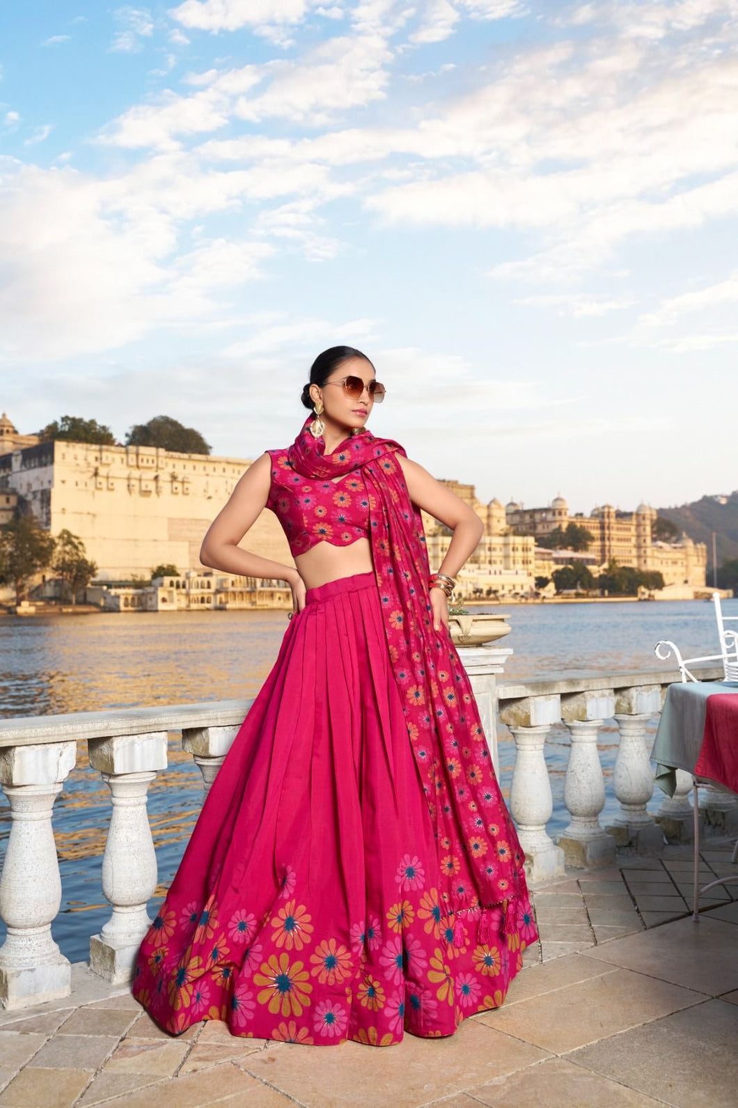 Tussar silk pink floral Lehenga