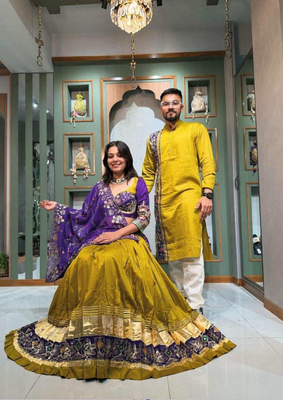 Mehendi and purple readymade chaniya choli (matching men’s kurta available £50)