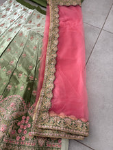 Royal embroidered ombre lehenga set in sage green and blush pink
