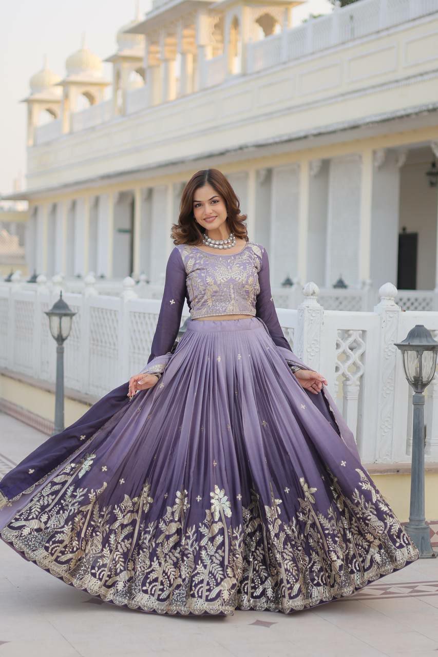 Lavender shaded chinon embroidered  readymade Lehenga