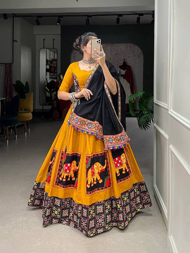 Yellow elephant pure cotton gamthi work readymade Lehenga