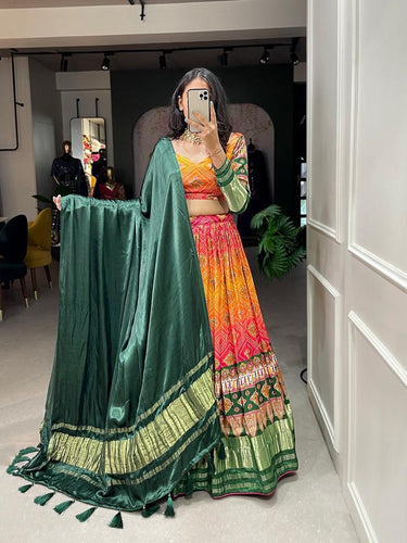 Green bandhani print gaji silk Lehenga (skirt stitched)
