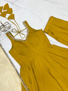 Roman chanderi silk anarkali set in yellow (sleeves available)