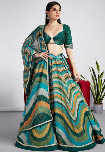 Organza striped trendy Lehenga in green