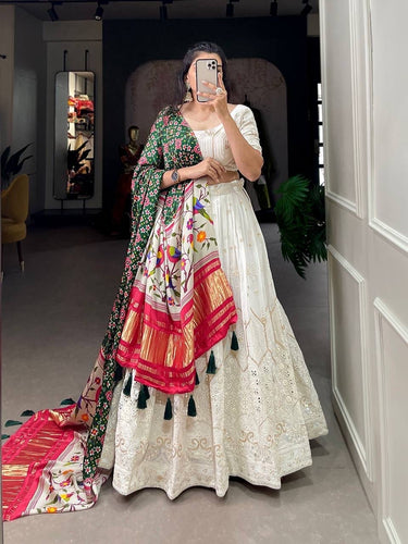 Lucknowi and paithani white Lehenga