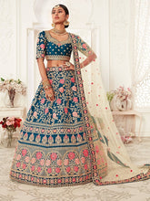 Blue silk with coral and pink floral Lehenga
