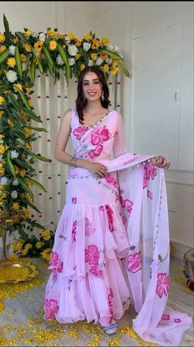 Pink floral layered Lehenga saree