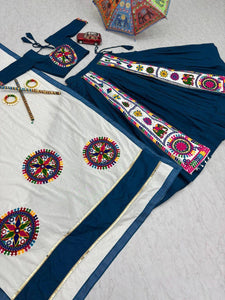 Blue and white pure cotton gamthi work readymade Chaniya Choli