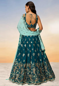 Teal blue embroidered Georgette Lehenga with the sky blue dupatta