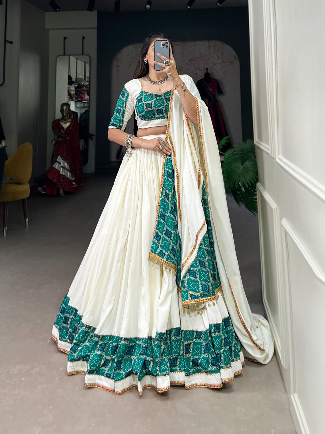 White plain and gotta Patti rayon Lehenga readymade