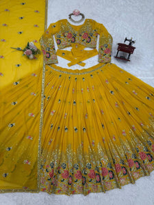 Yellow georgette floral embroidered Lehenga