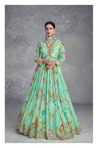 Ahana - Mint Green floral chinon mirror work anarkali