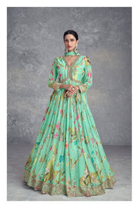 Ahana - Mint Green floral chinon mirror work anarkali