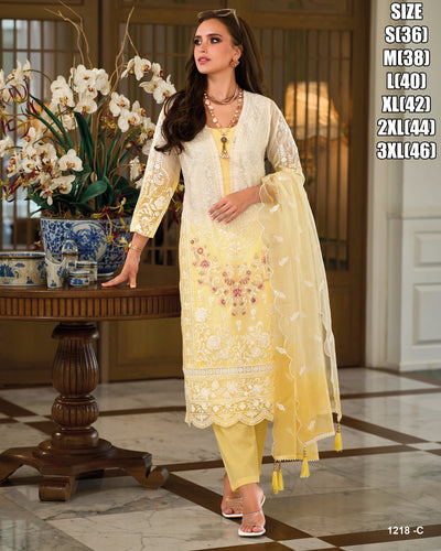 Pastel yellow - Soft organza embroidered salwaar kameez (also plus size) (haldi)