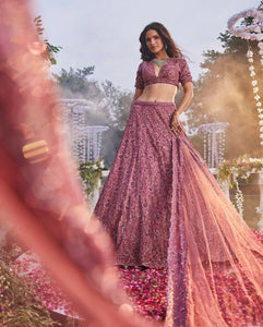 Pink embellished chinon silk Lehenga