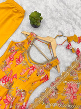 Yellow floral print kali cut anarkali suit