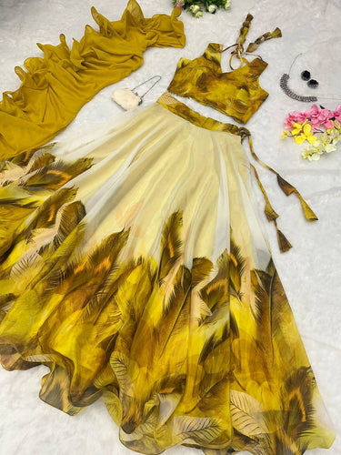 Peacock Feather Print Lehenga Choli Set in mustard yellow
