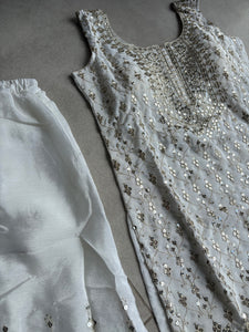 Pastel collection - white chine sequins mirror look embroidered sharara set