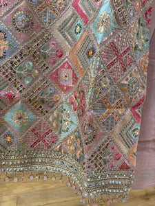 Pastel peach embroidered suit with trending farshi salwaar