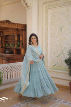 Pastel 5 layer gowns with sequinned dupatta in sky blue