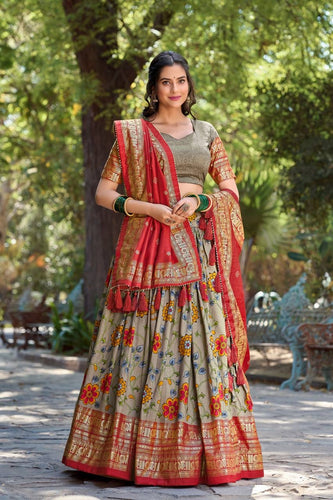 Tussar silk floral kalamkari print Lehenga in grey and red