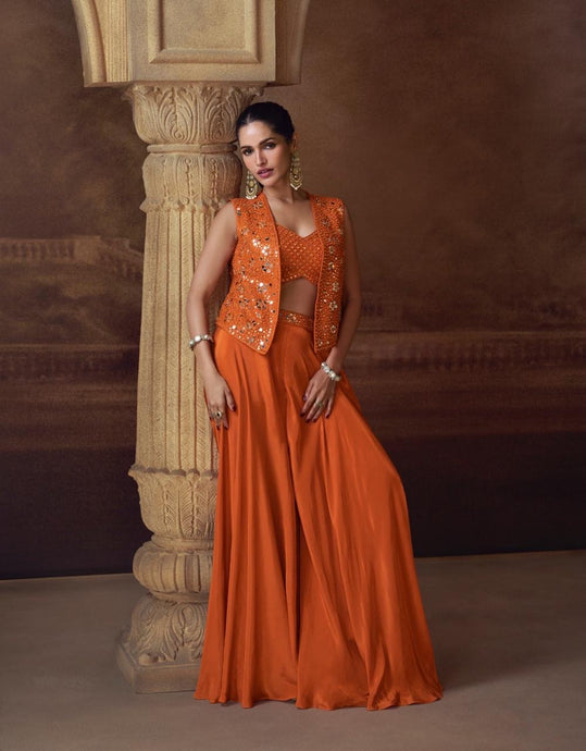 Burnt orange palazzo set with short mirror jacket