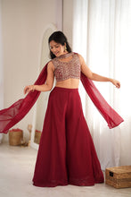 Maroon crunchy silk crop top palazzo set