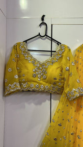 Yellow lightweight paper mirror work Lehenga