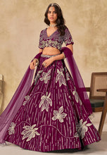 Purple sequins leaf embroidered silk Lehenga