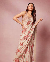 Peach and red mirror work floral saree