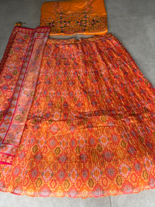 Orange and yellow organza digital print lehenga