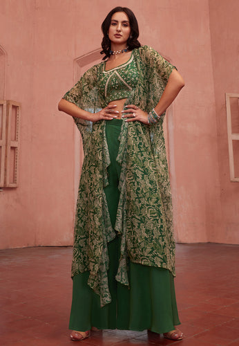 Green georgette jacket style palazzo set readymade