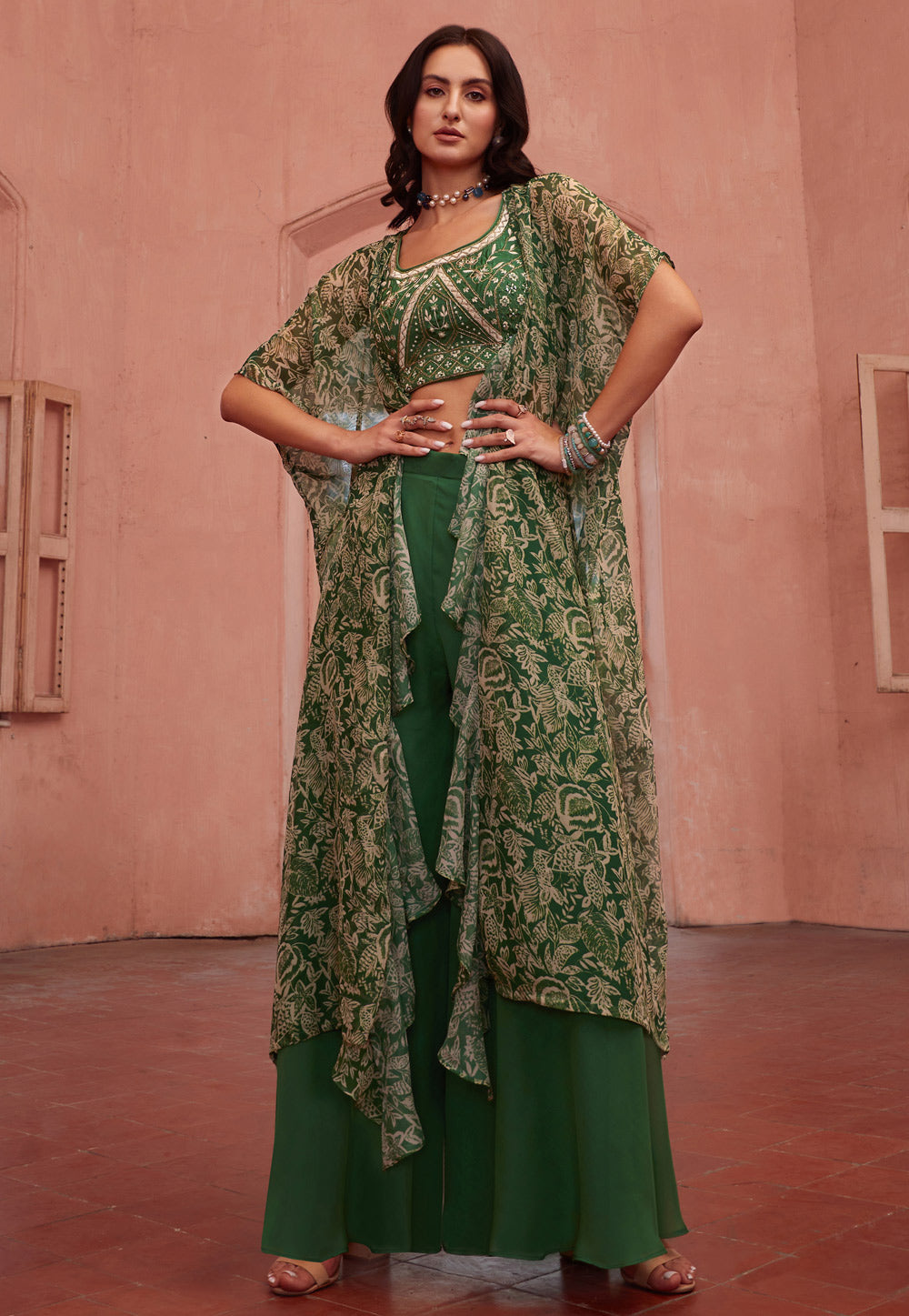 Green georgette jacket style palazzo set readymade