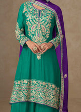 Purple and green chinon embroidered palazzo suit