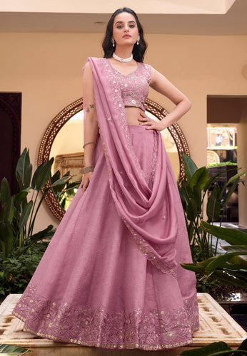 Pink Lehenga with pearl coding (skirt stitched)