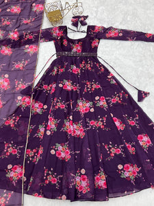 Purple organza anarkali set