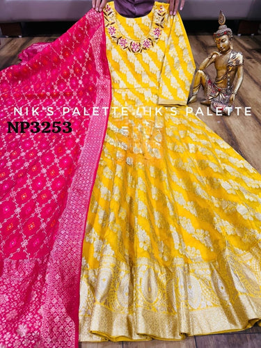 Niks collection - yellow jacquard silk anarkali (plus size 52)