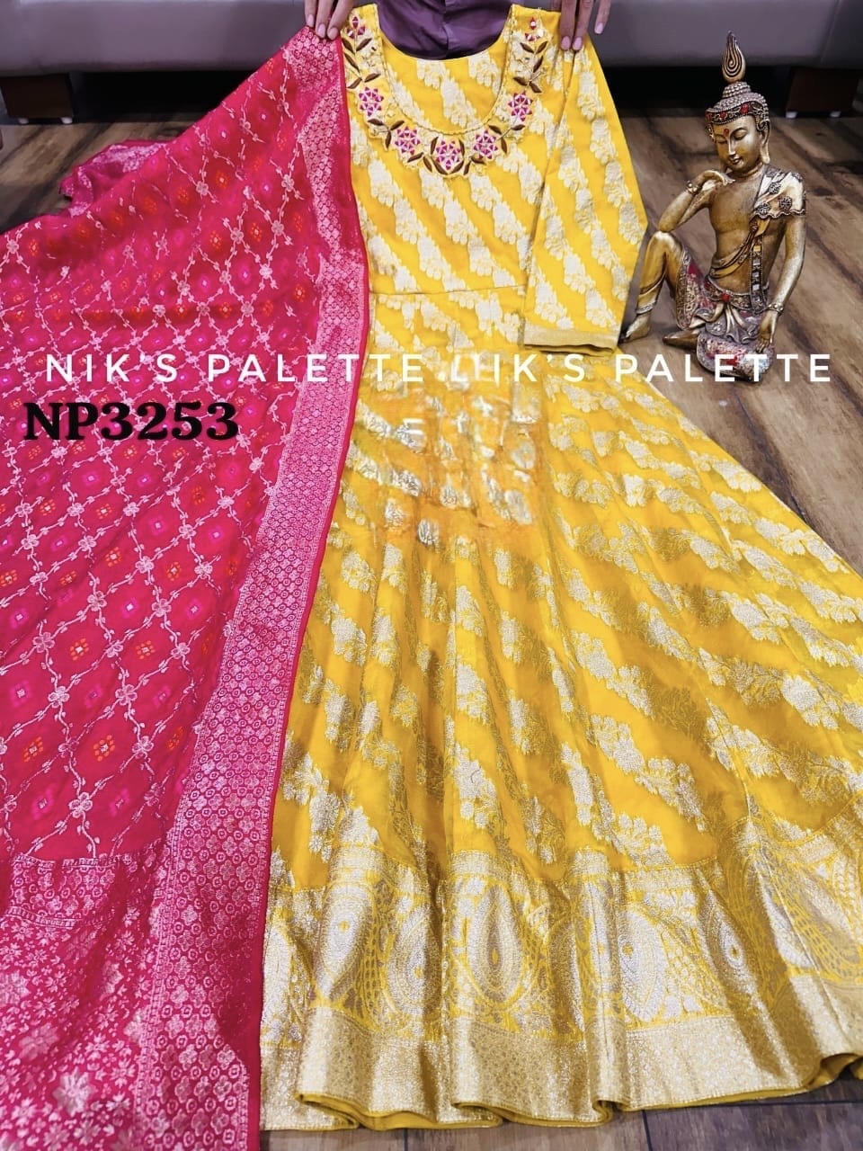 Niks collection - yellow jacquard silk anarkali (plus size 52)