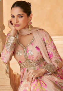 Floral printed chinon anarkali in baby pink
