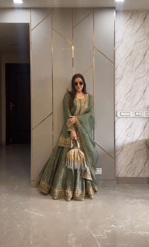 Sage green chinon silk gharara readymade