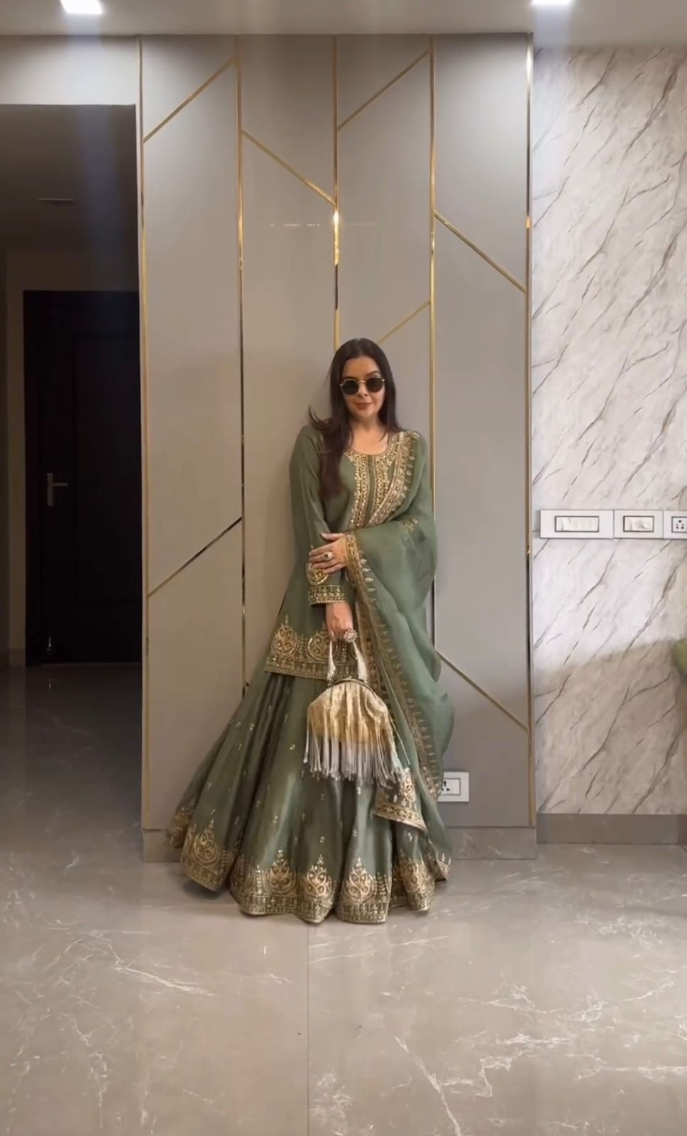 Sage green chinon silk gharara readymade