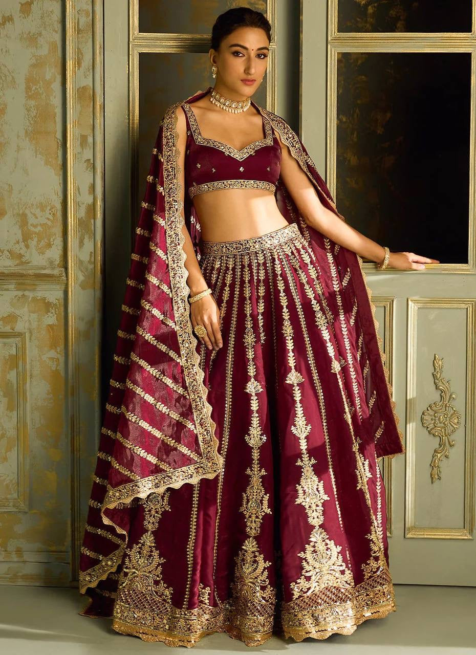 Maroon and gold Kasturi silk Lehenga