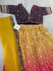 Pink and yellow shaded silk bandhani print Lehenga