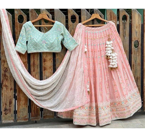 Pastel Lehenga - baby pink and green sequins Lehenga