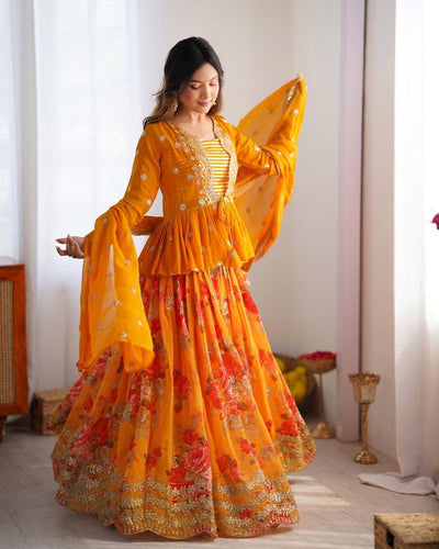 Yellow floral Lehenga with koti