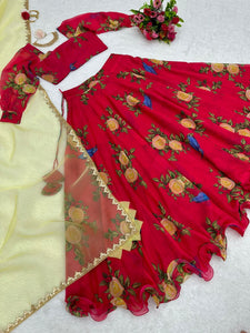 Red floral organza silk with golden yellow dupatta - readymade Lehenga