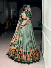 Tussar silk printed and iconic lehenga in green (skirt stitched)