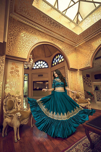 Royal collection - lino silk and satin ruffle style lehenga in emerald green