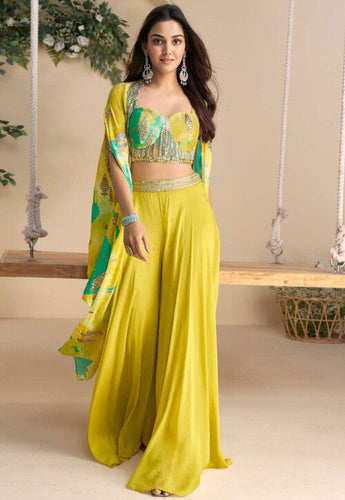 Embroidered chinon silk palazzo set in yellow and green