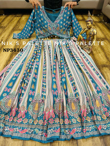 Niks collection - teal blue crepe silk printed lehenga